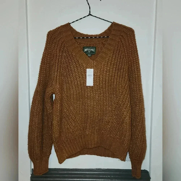 NWT American Eagle brown knit sweater vneck longsleeve oversized XS - Picture 1 of 4